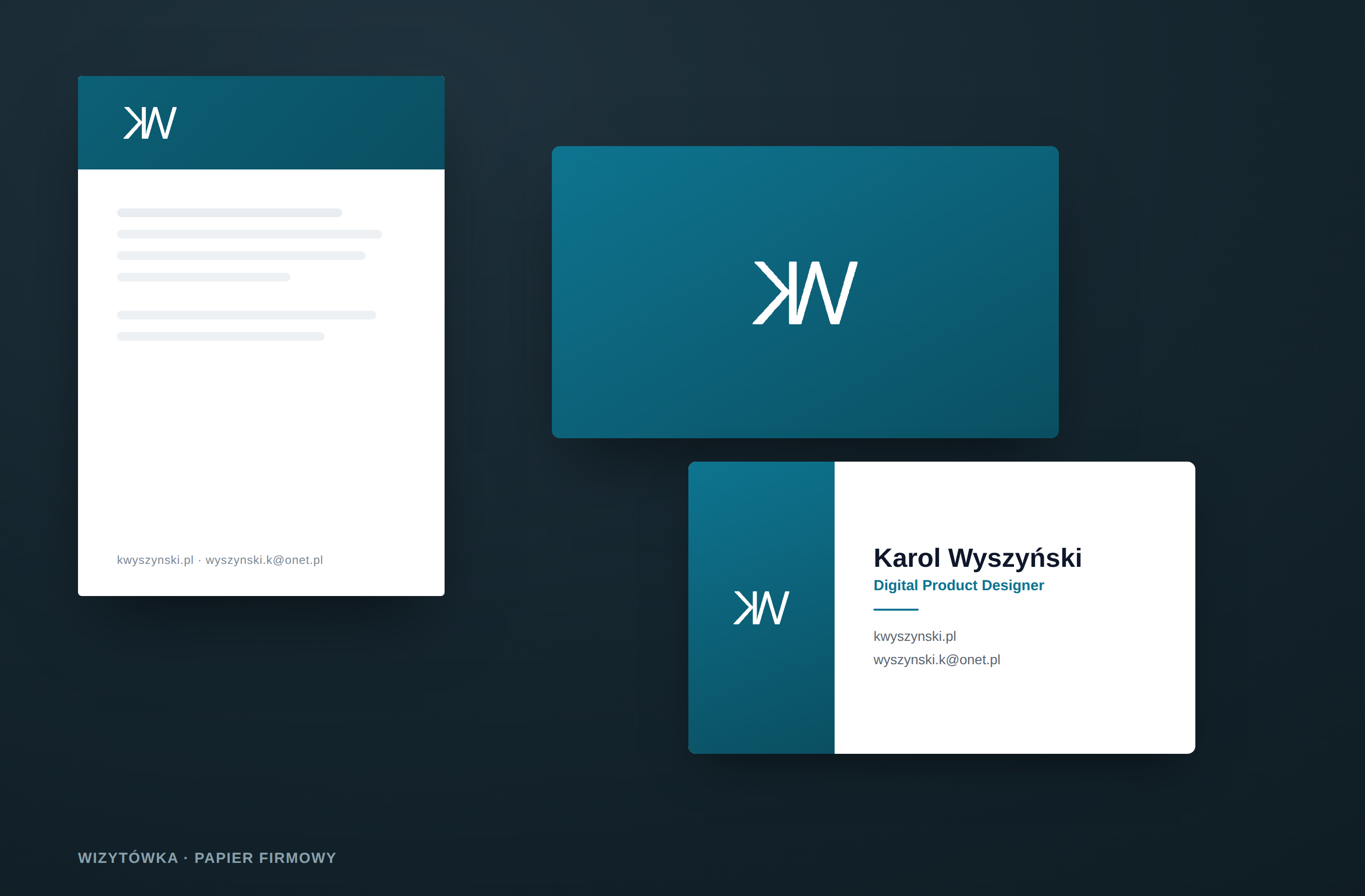 Mockup materiałów drukowanych kwyszynski — wizytówka i papier firmowy
