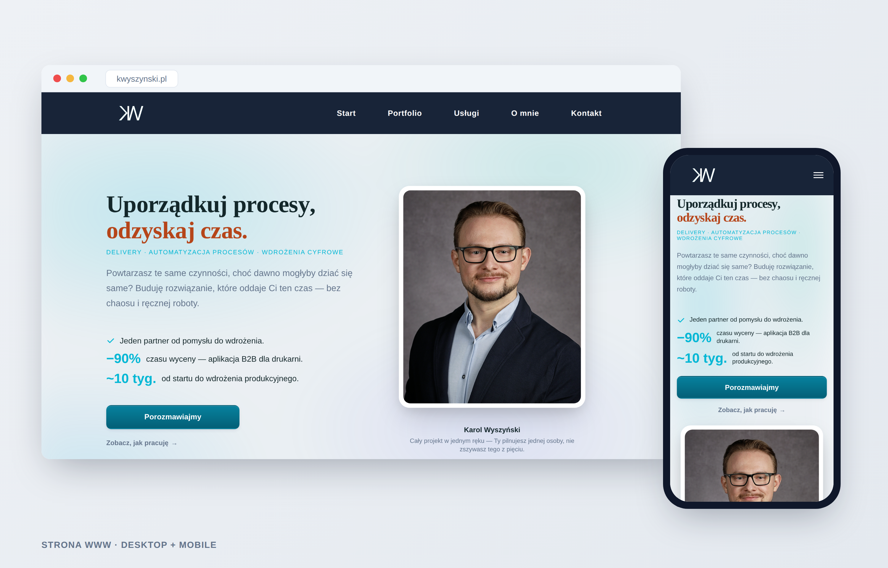 Mockup strony kwyszynski w oknie przeglądarki i na telefonie