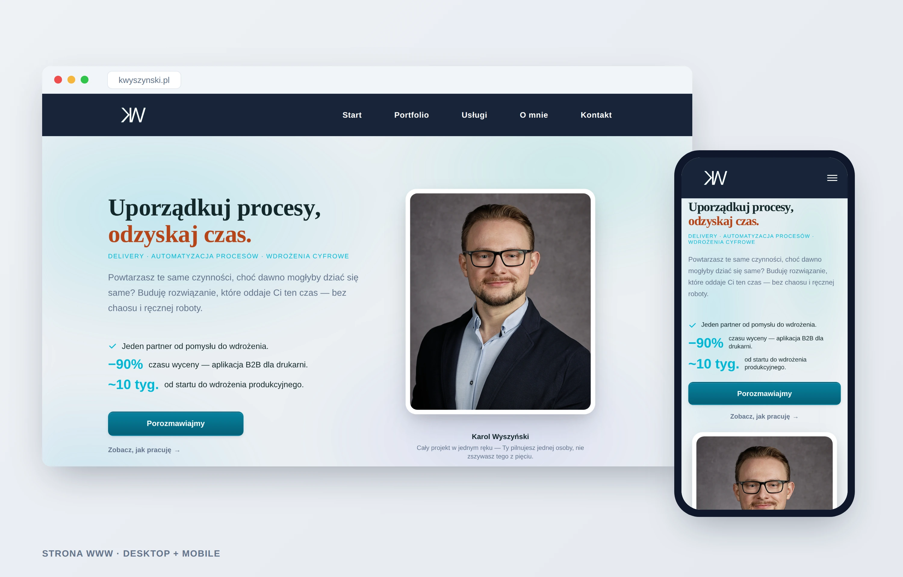 Mockup strony kwyszynski w oknie przeglądarki i na telefonie