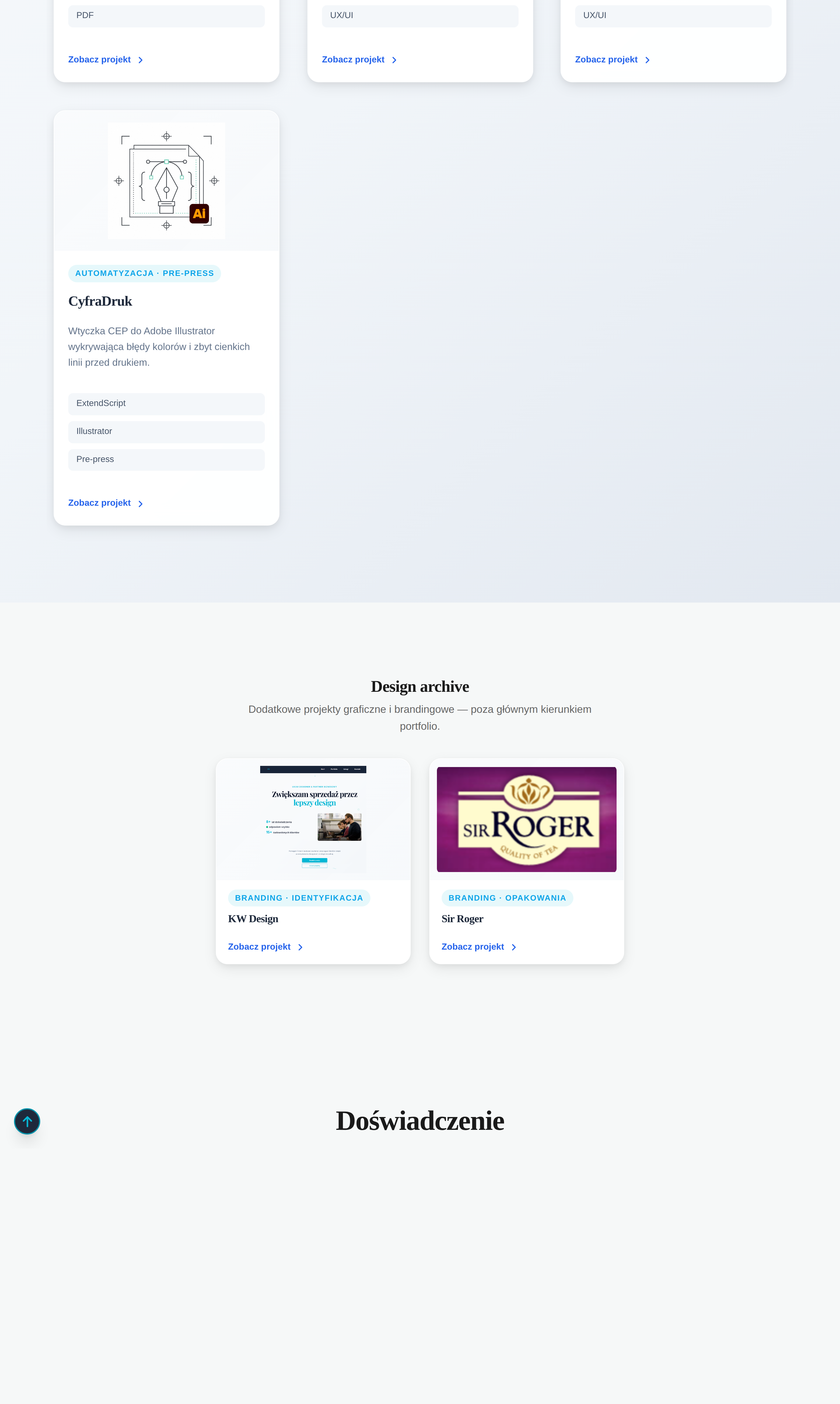 Koniec głównej listy projektów i sekcja Design archive, desktop 1440px