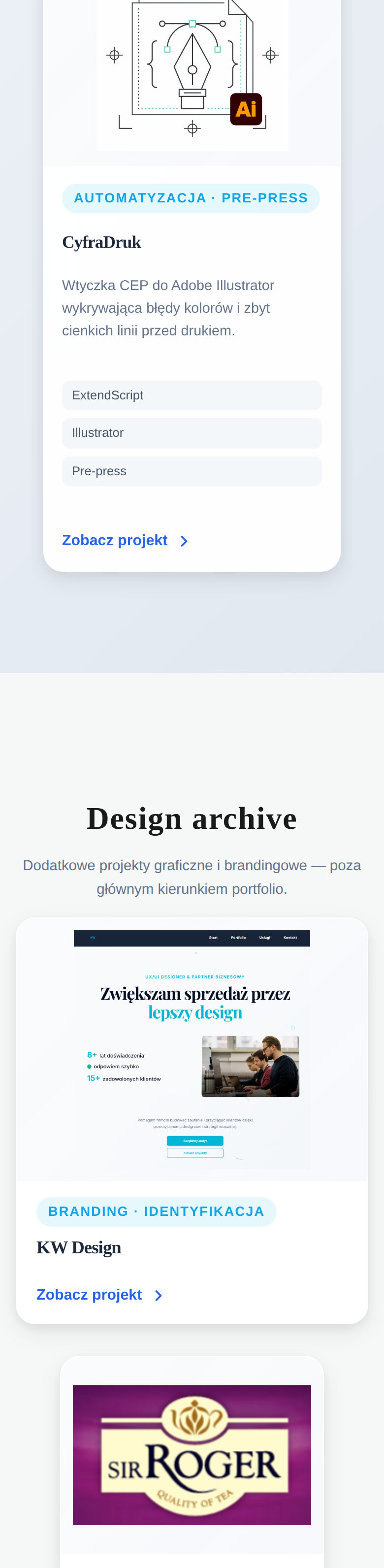 Koniec głównej listy projektów i sekcja Design archive, mobile 390px