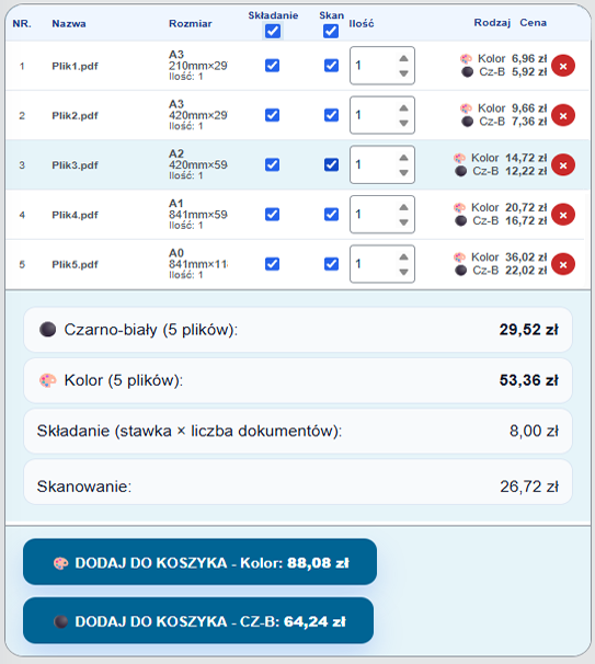 Ekran wyniku kalkulacji CAD — widok parametrów pliku