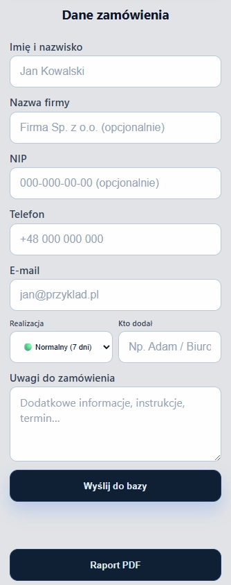 Formularz danych klienta B2B w aplikacji