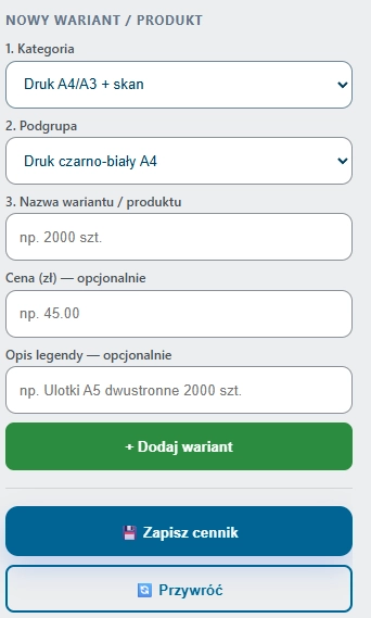Tworzenie nowego wariantu produktu w aplikacji