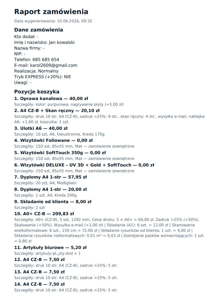 Wygenerowany raport PDF zamówienia
