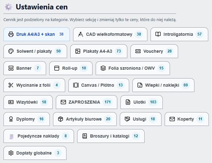 Panel administracyjny do zarządzania cenami
